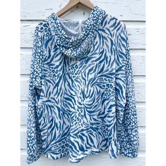 Alfred Dunner Sweater Hooded Womens XL Blue Animal Print Light Coastal Beach - Picture 6 of 6